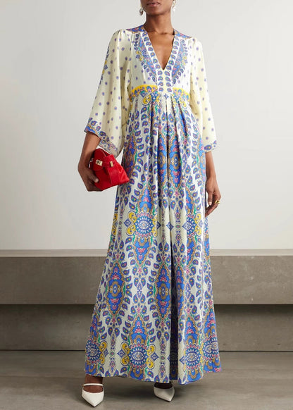 Blue V Neck Print Cotton Maxi Dresses Summer