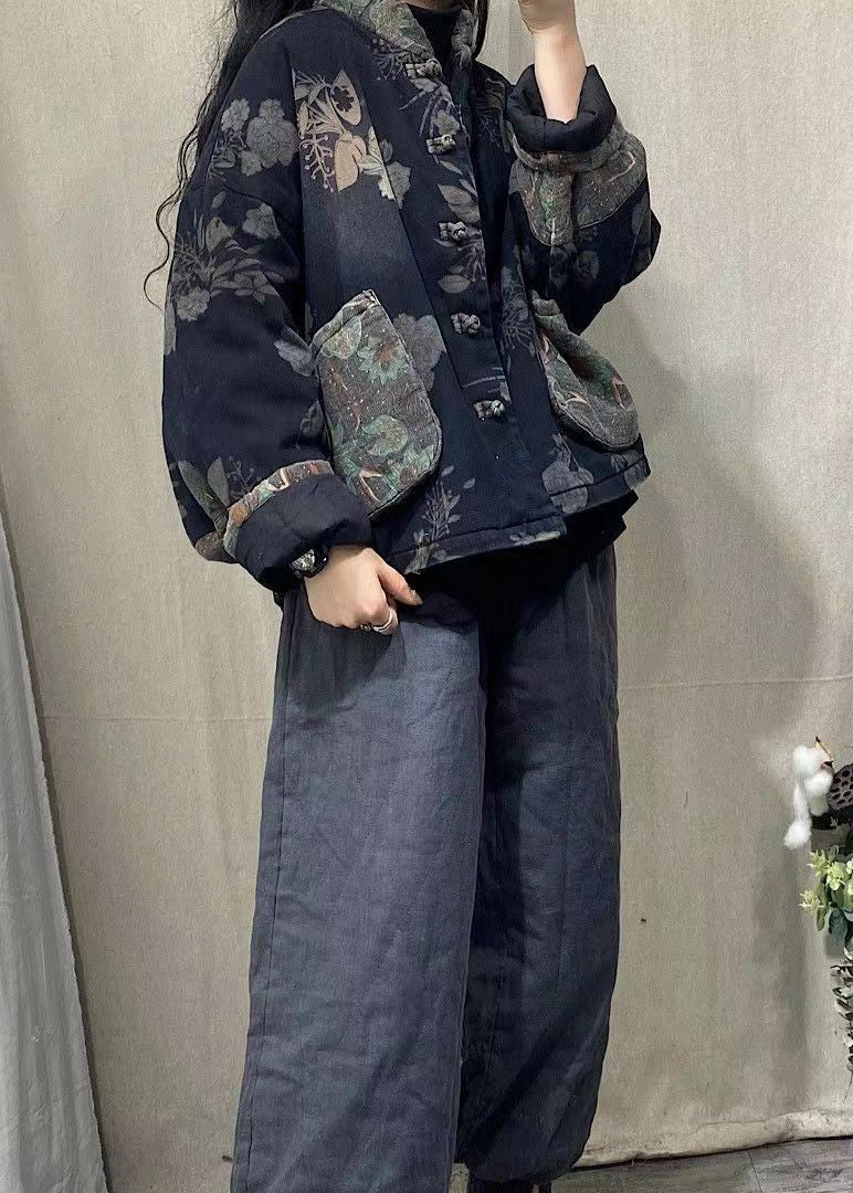 Navy Pockets Print Fine Cotton Filled Denim Jacket Spring