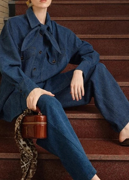Denim Blue Peter Pan Collar Button Shirt and Pants Two Pieces Set Fall