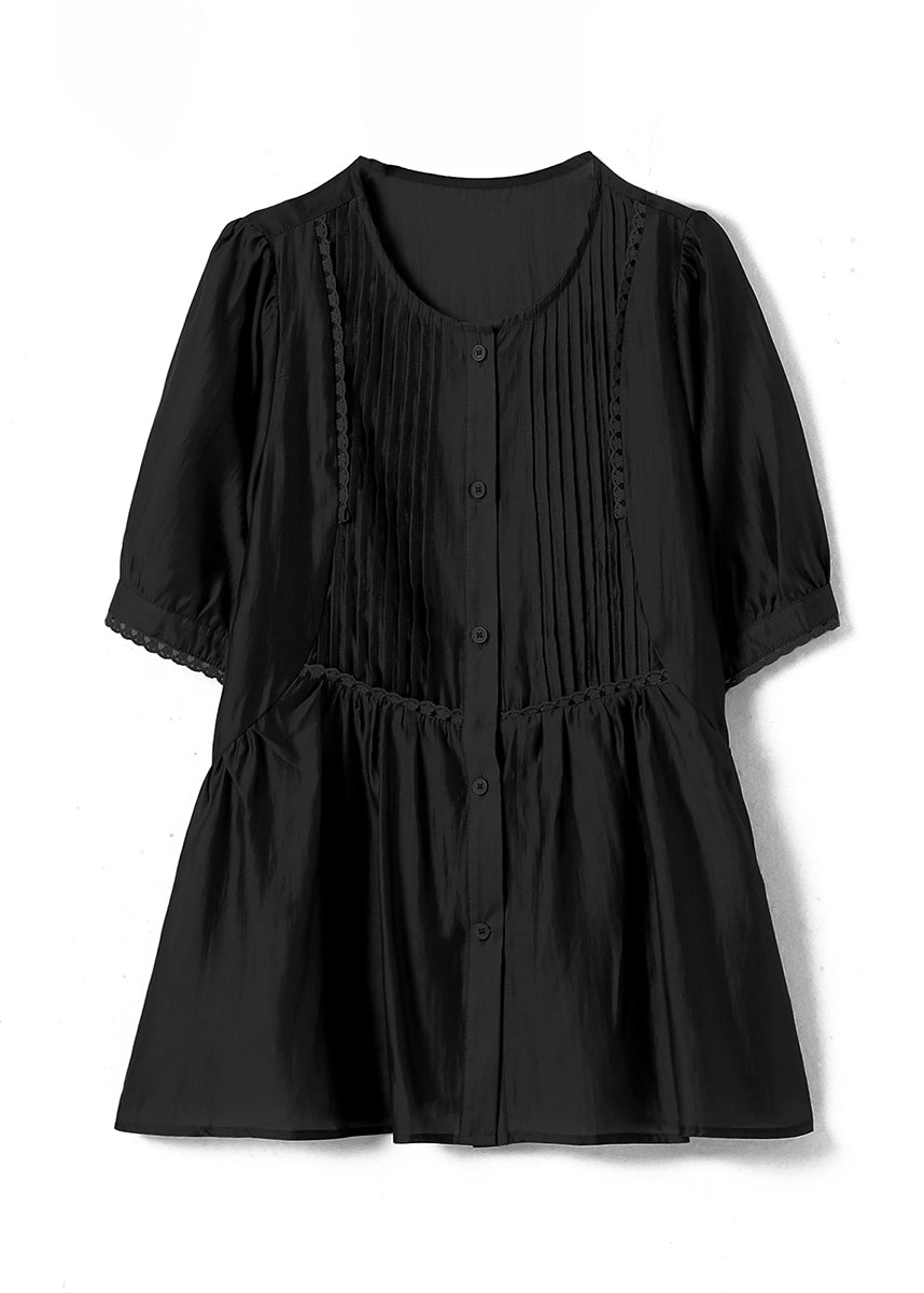 Black O-neck Ruffled Wrinkled Silk Tops Short Sleeve