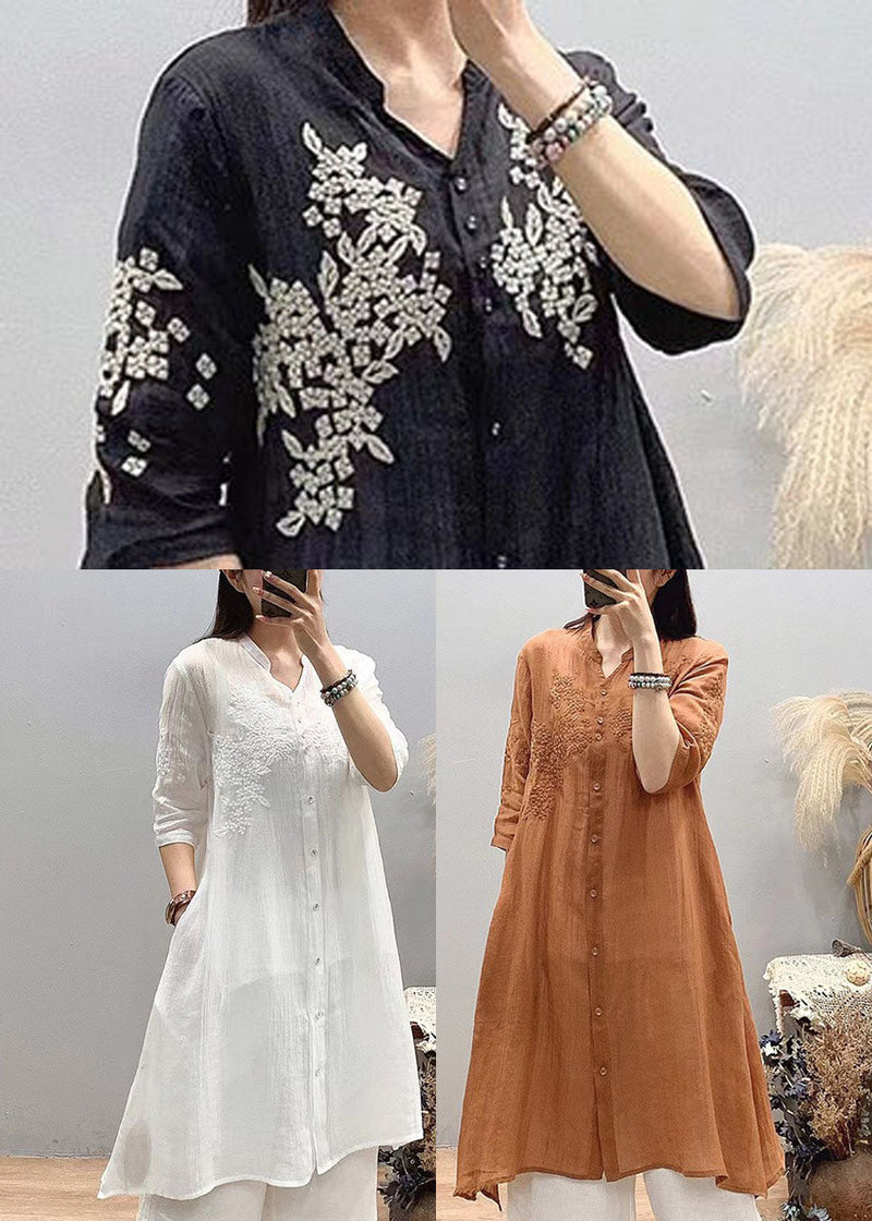 Orange Embroidered Linen Long Shirt Asymmetrical Design Three Quarter Sleeve