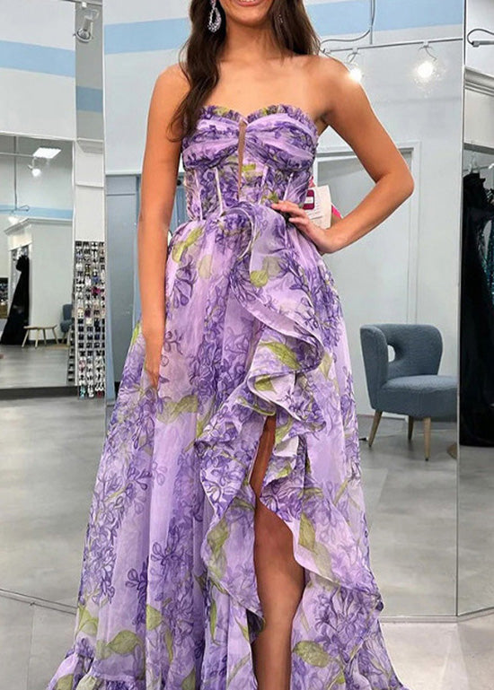 Art Purple Ruffled Asymmetrical Print Chiffon Dress Summer