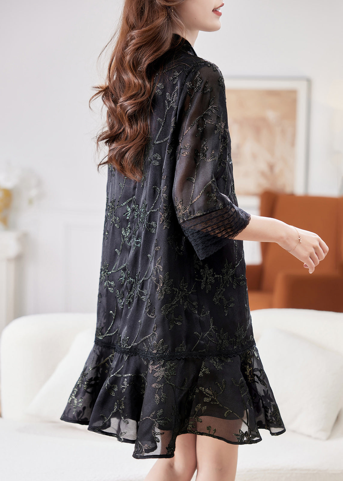 Jacquard Black Stand Collar Patchwork Tulle Mid Dress Half Sleeve