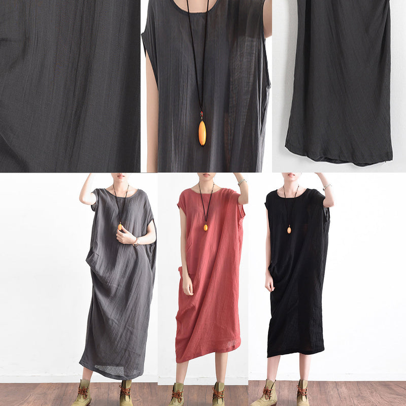 Gray Oversized Summer Linen Dresses Side Drape Asymmetrical Cotton
