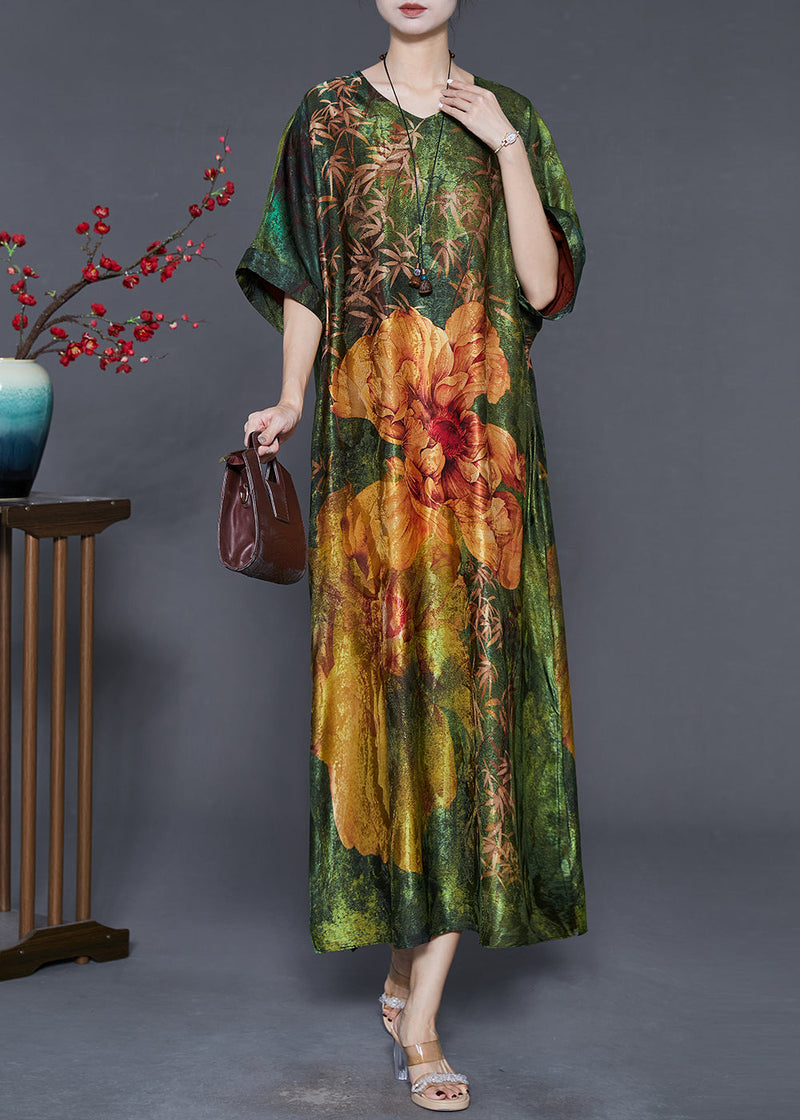 Green V Neck Print Silk Robe Dresses Summer
