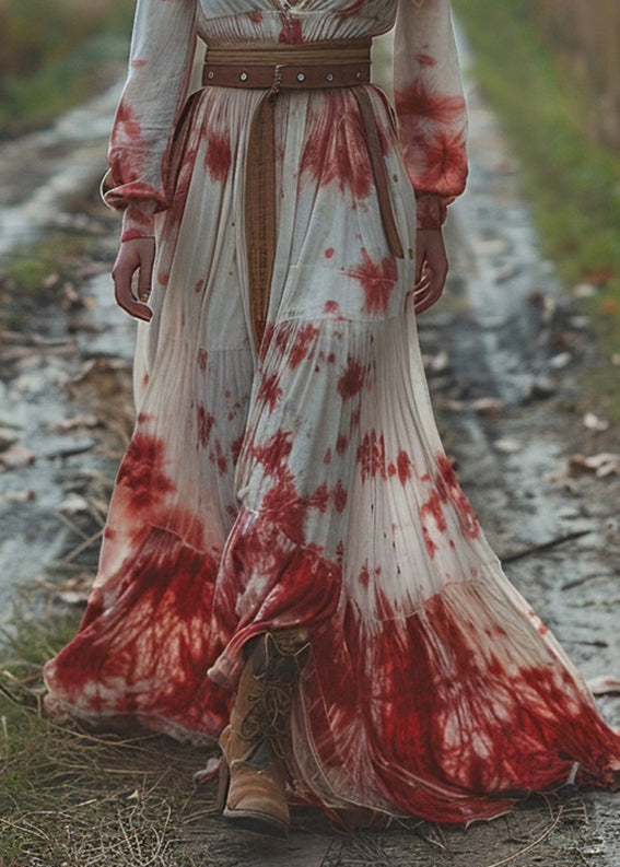 V Neck Tie Dye Wrinkled Patchwork Cotton Dresses Long Sleeve
