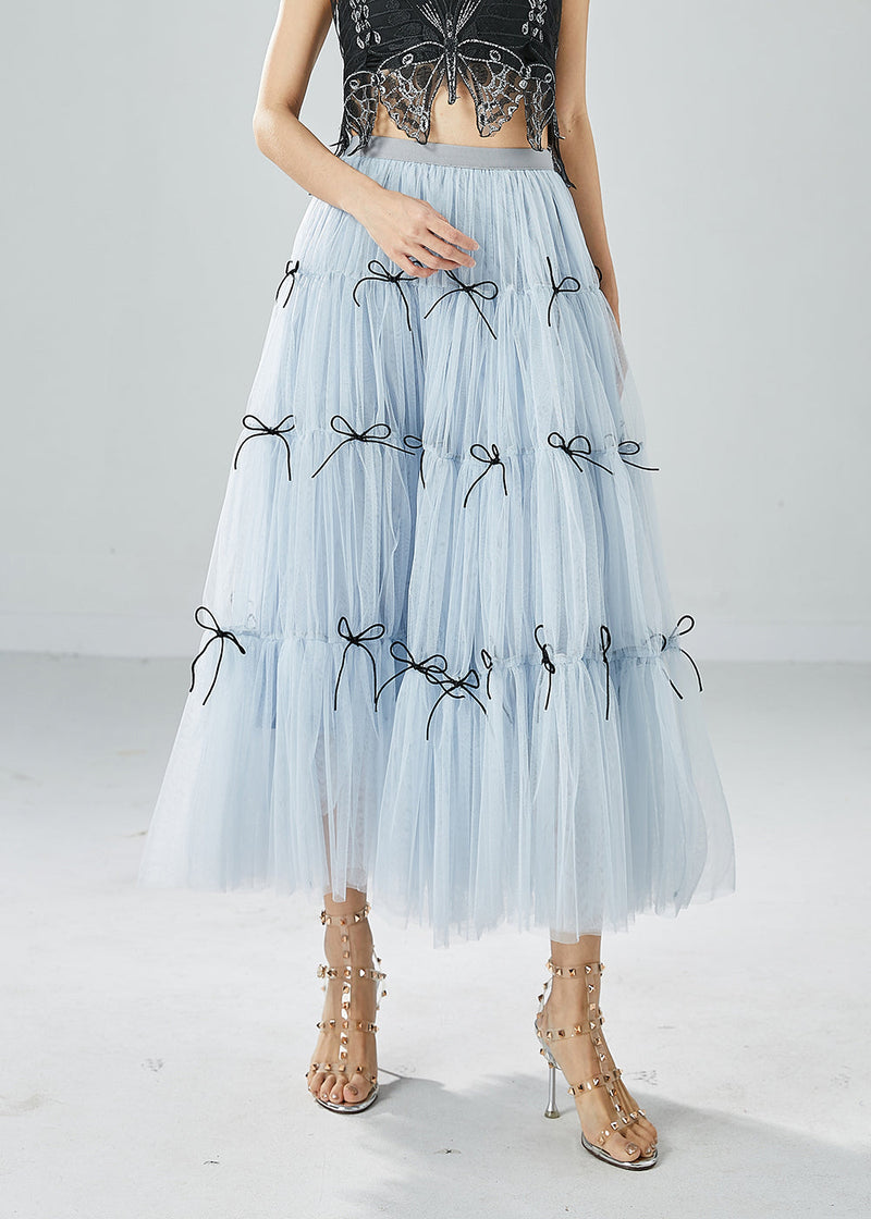 Sky Blue High Waist Patchwork Bow Tulle Skirt Summer