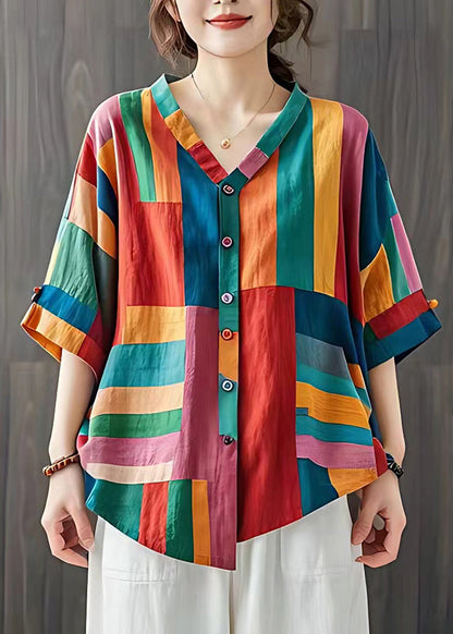 Colorblock V Neck Striped Linen Blouse Top Summer
