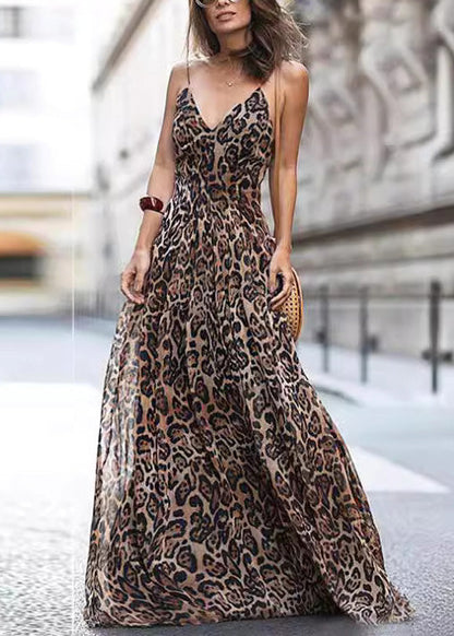 Brown Leopard Print Tulle Spaghetti Strap Dress Summer
