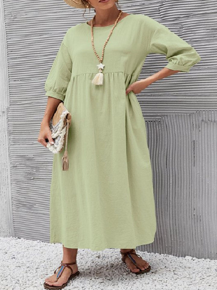 Spring Outfit Lantern Sleeve Loose Cotton and Linen Pocket Dress
