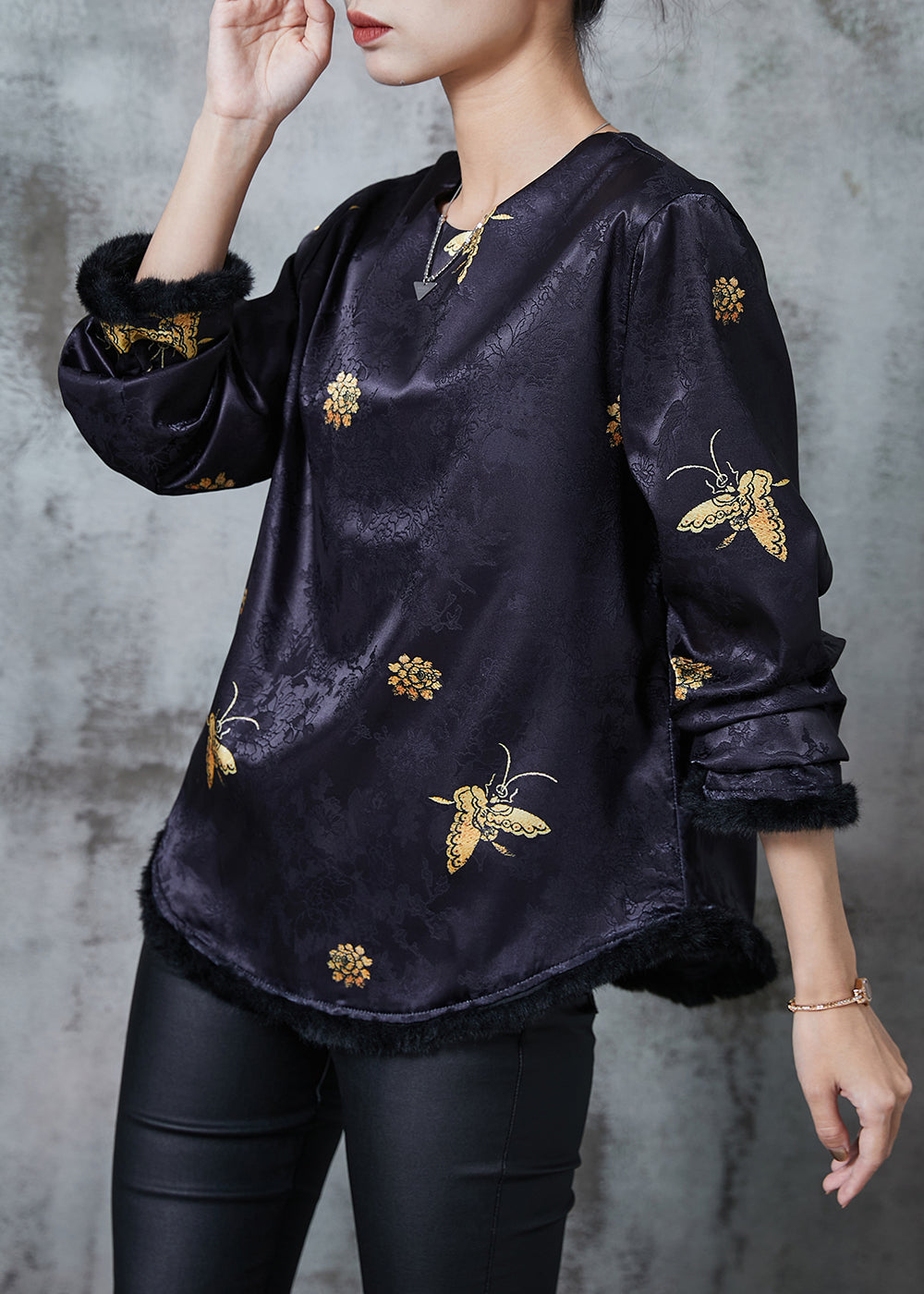Black Jacquard Butterfly Silk Shirts Spring