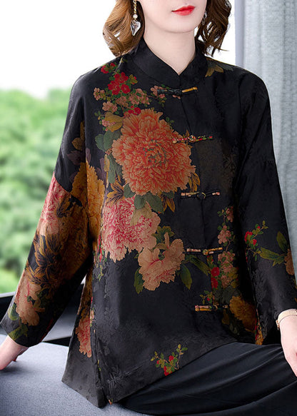 Original Black Mandarin Collar Button Print Silk Coats Long Sleeve