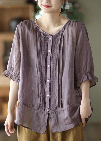 Purple O-neck Patchwork Button Linen Shirt Half Sleeve