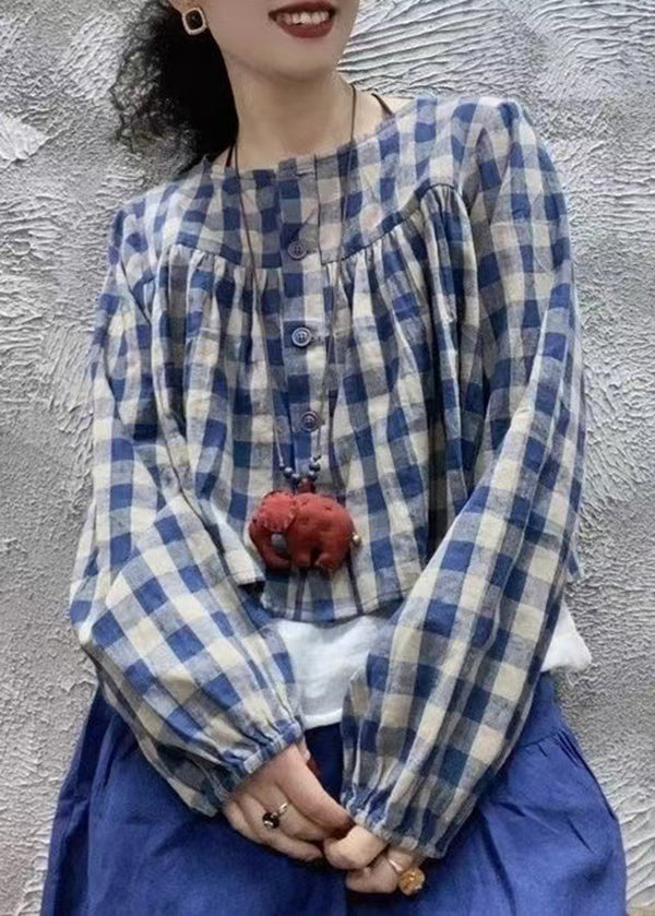 Blue O Neck Plaid Cotton Shirt Top Long Sleeve