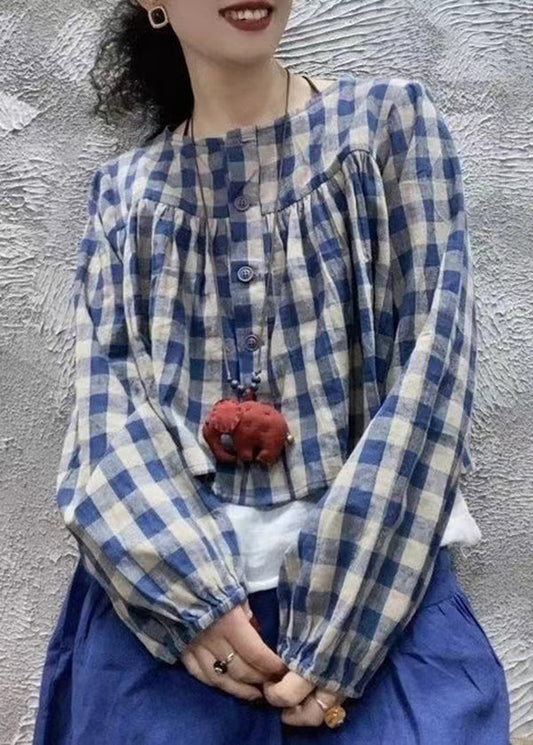 Blue O Neck Plaid Cotton Shirt Top Long Sleeve