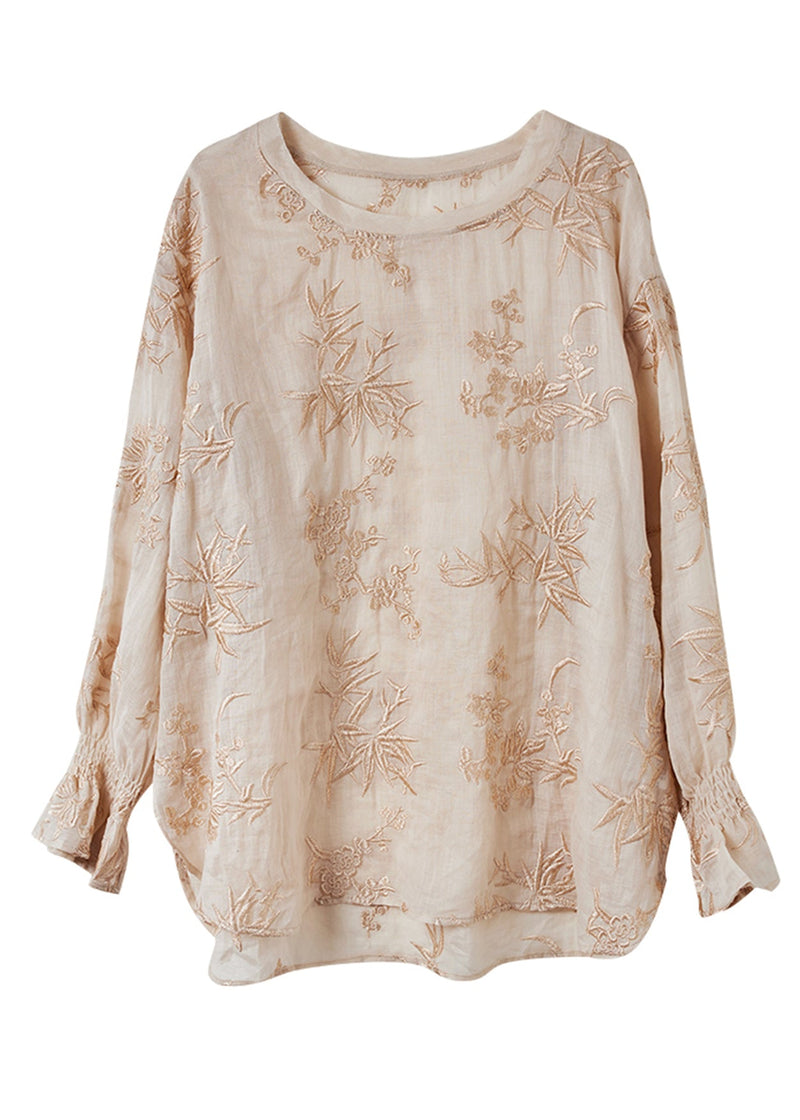Stylish Apricot Embroidered Ramie Top Flare Sleeve