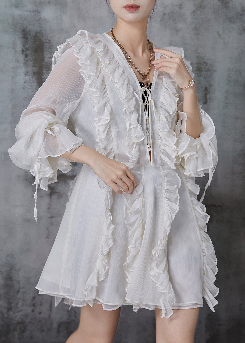White Ruffled Chiffon Tea Dress Summer