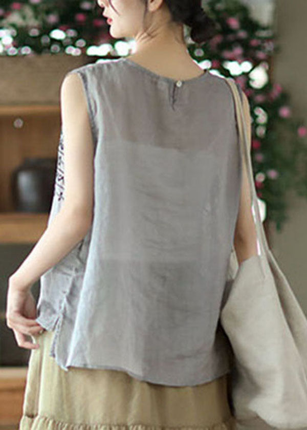 Grey Linen Tank Tops Button Embroidered Sleeveless