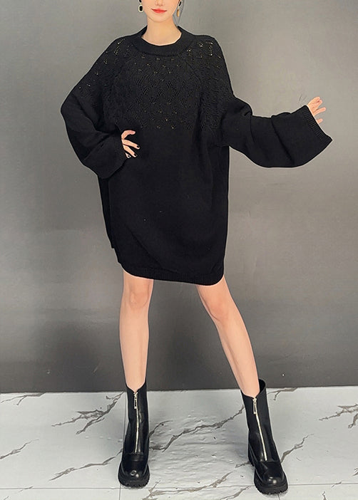 Black O Neck Hollow Out Knit Dress Fall