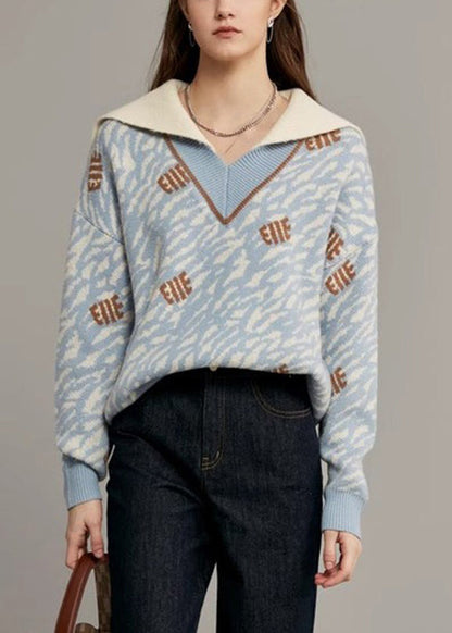 Light Blue Original Design Knit Sweaters Sailor Collar Winter