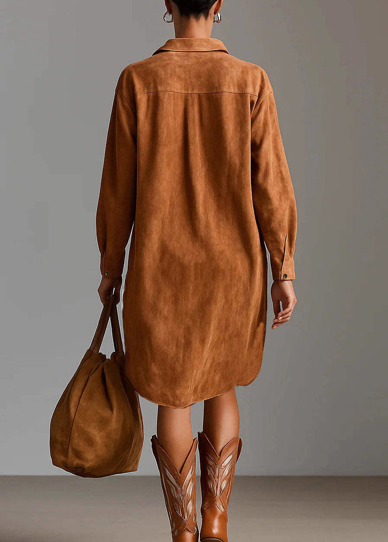 Caramel Peter Pan Collar Embroidered Faux Suede Shirts Dress Spring