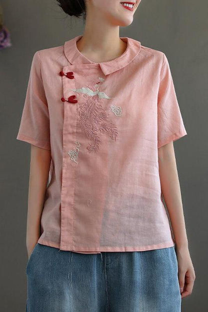 Embroidered Turn Down Collar Linen Retro T-shirt