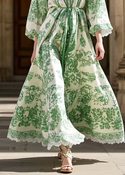 Simple Green Print Robe Dresses Exra Large Hem Spring