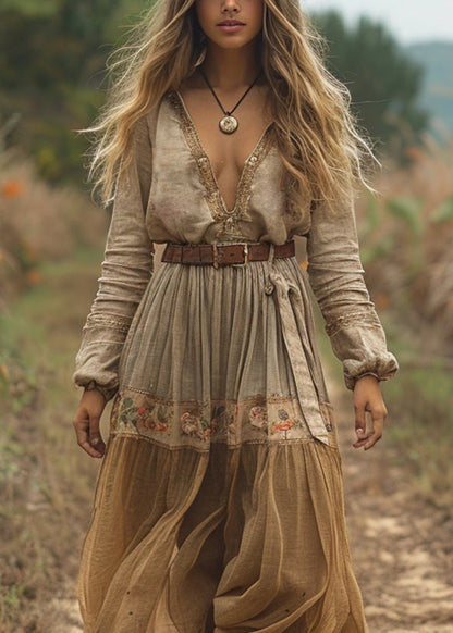 V Neck Print Wrinkled Cotton Long Dress Spring