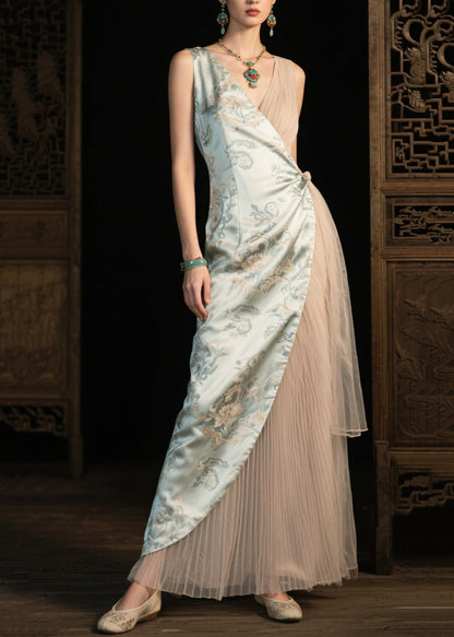 Light Green Asymmetrical Patchwork Silk Pleated Dresses Summer
