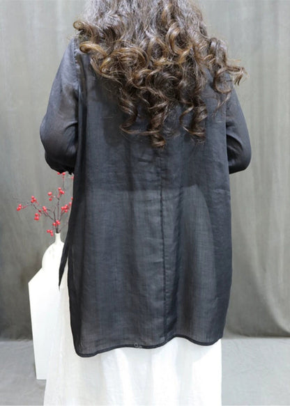 Handmade Black O-neck Embroidered Button Shirt Long Sleeve