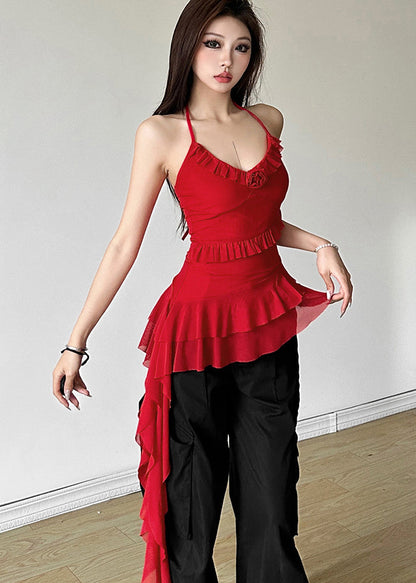 French White Asymmetrical Ruffled Patchwork Tank Tops Sleeveless
