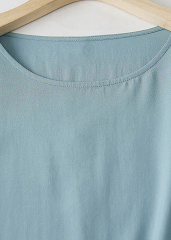 Blue O Neck Hollow Out Embroidered Cotton T Shirt Summer