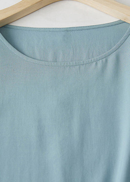 Blue O Neck Hollow Out Embroidered Cotton T Shirt Summer
