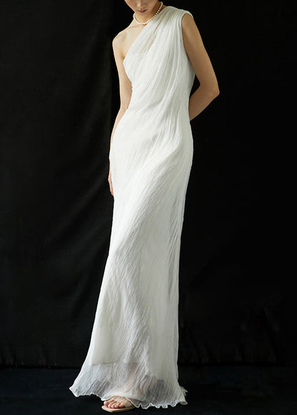 White One-shoulder Wrinkled Silk Long Dresses Summer