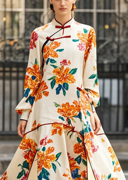 Apricot Print Asymmetrical Side Open Chinese Style Dress Fall