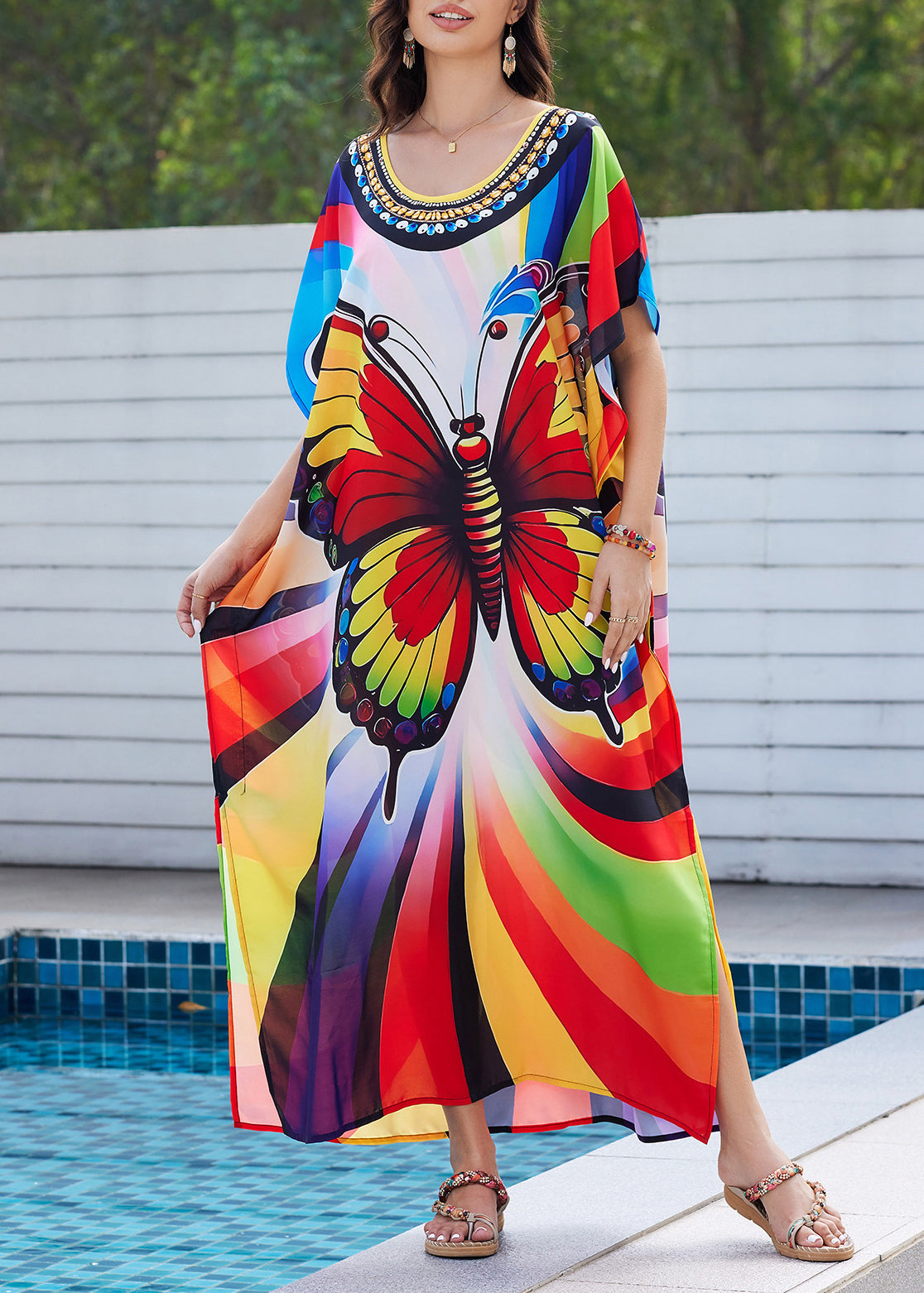 Rainbow Butterfly Print Side Open Maxi Dress Summer