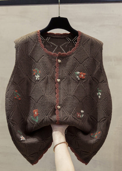 Unique Beige O-neck Embroidered Cotton Knit Waistcoat Fall