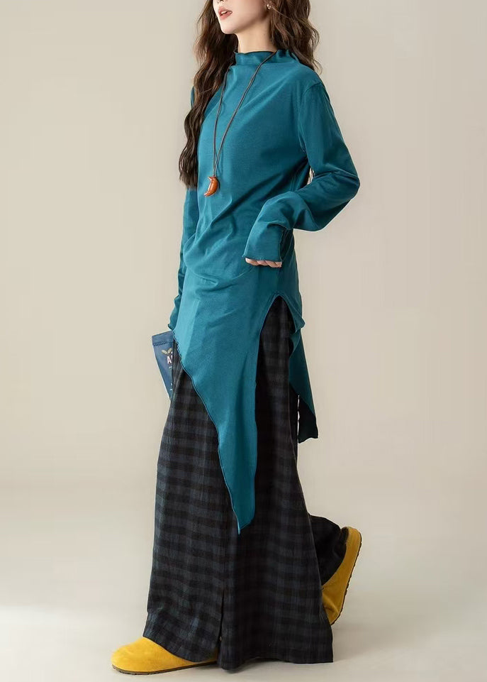 Brown Stand Collar Asymmetrical Cotton Blouses Spring