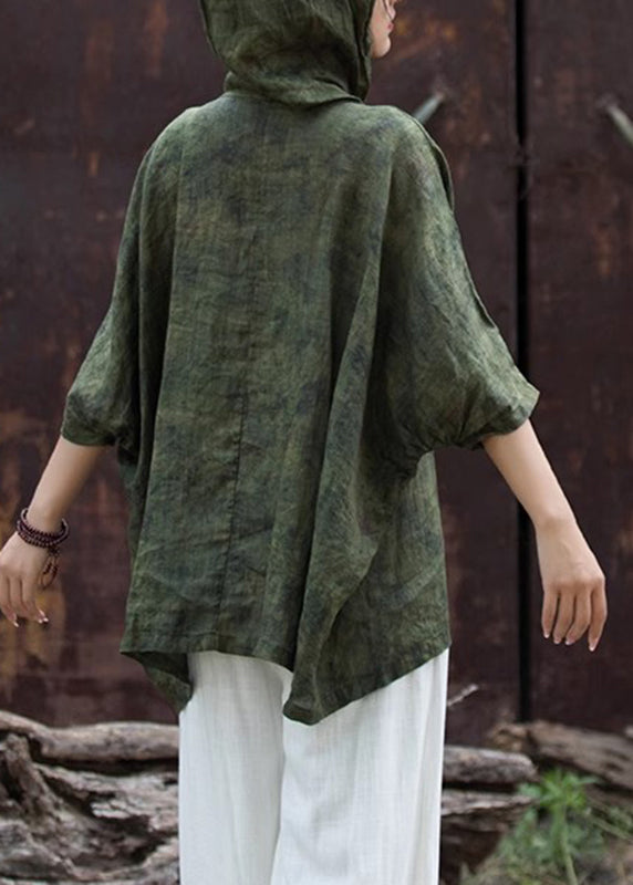 Blackish Green Print Button Hooded Top Summer