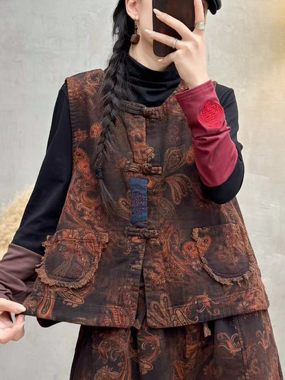 Flower Raw-edge O-neck Cotton Vest