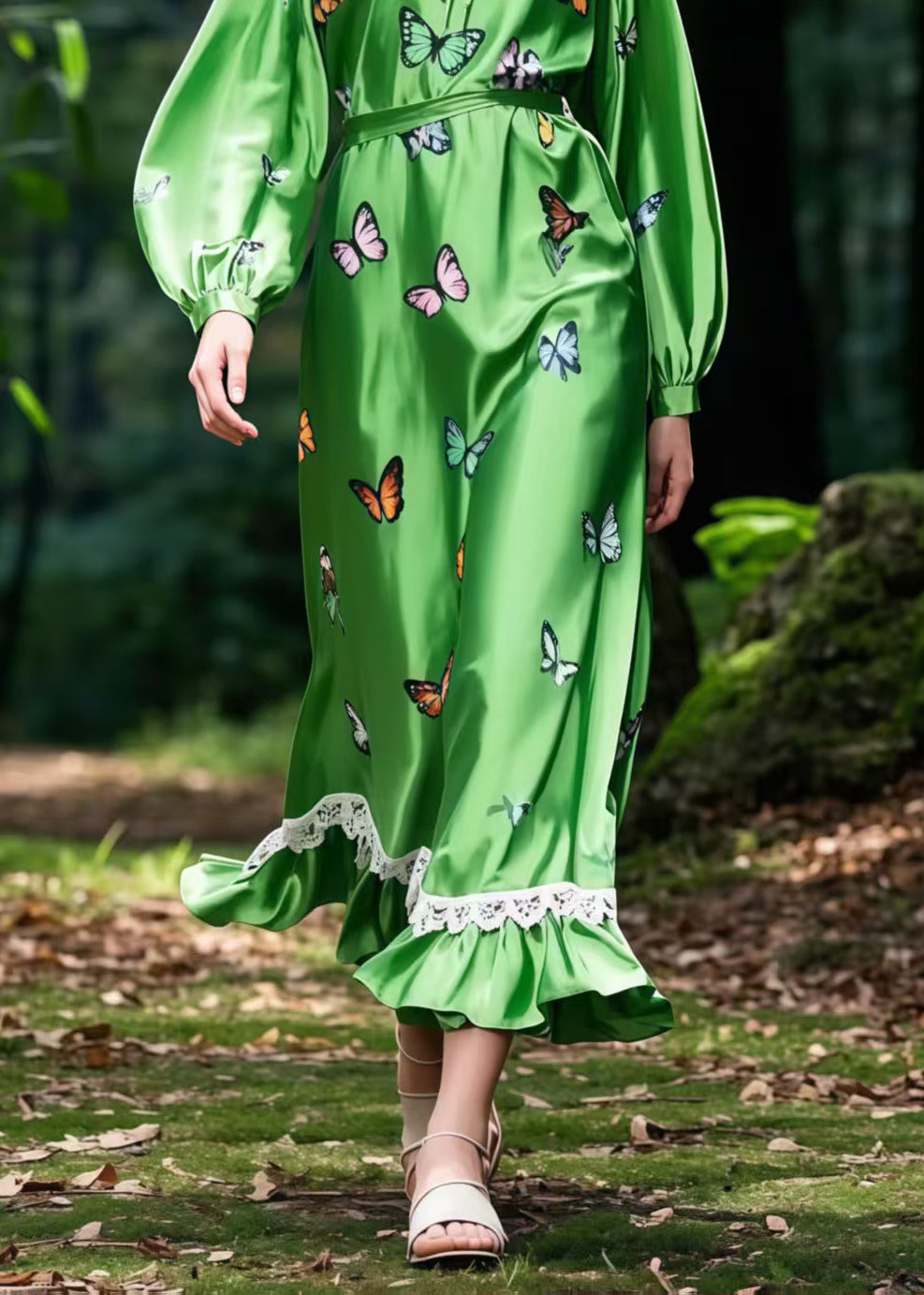 Tea Green Butterfly Silk Robe Dresses Spring