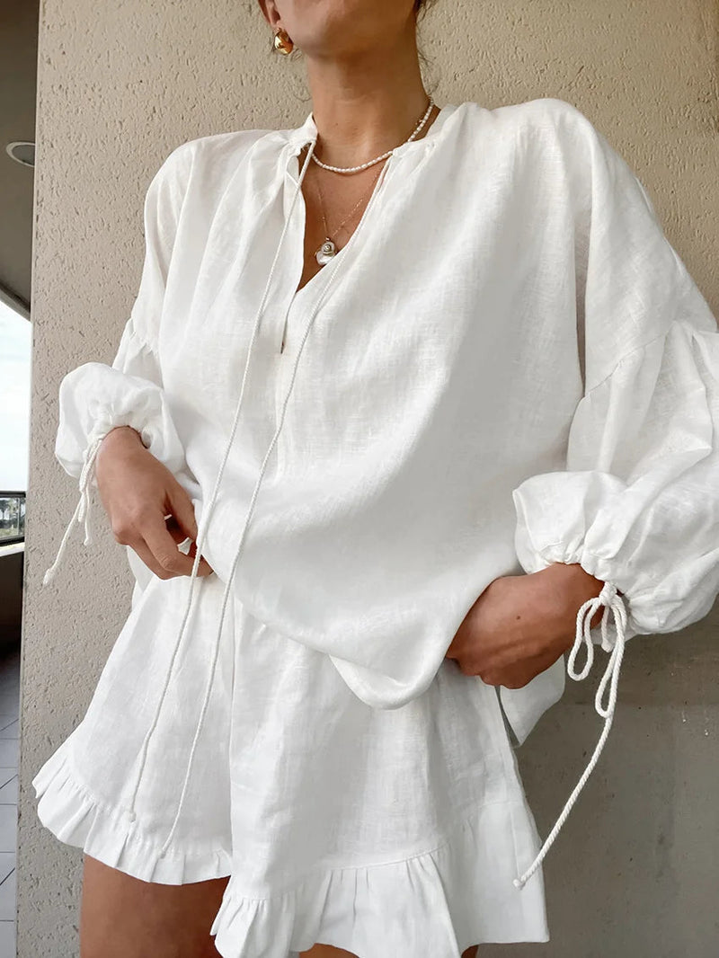Lantern Sleeve Top Shorts Cotton and Linen Two-piece Set