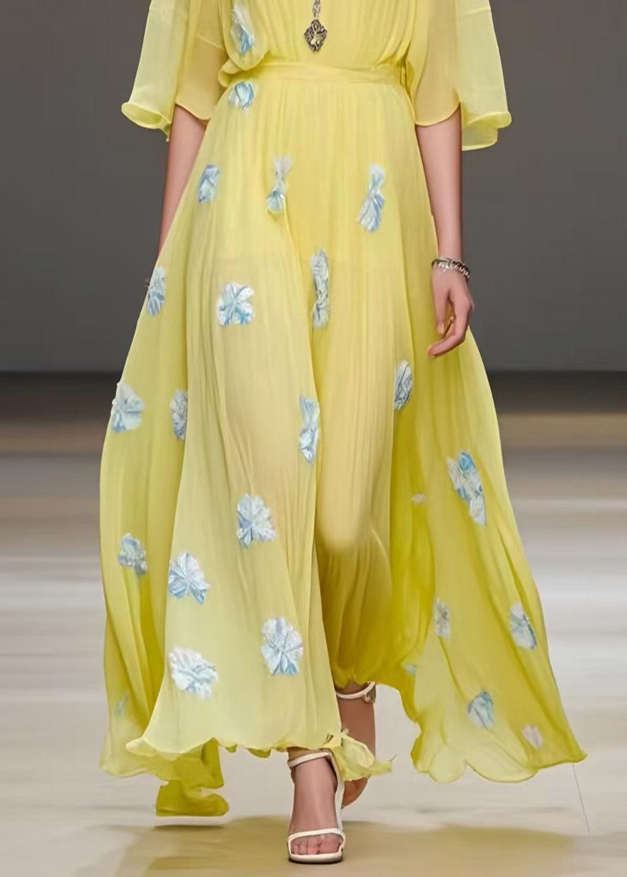 Yellow Print Chiffon Vacation Dress Exra Large Hem Summer