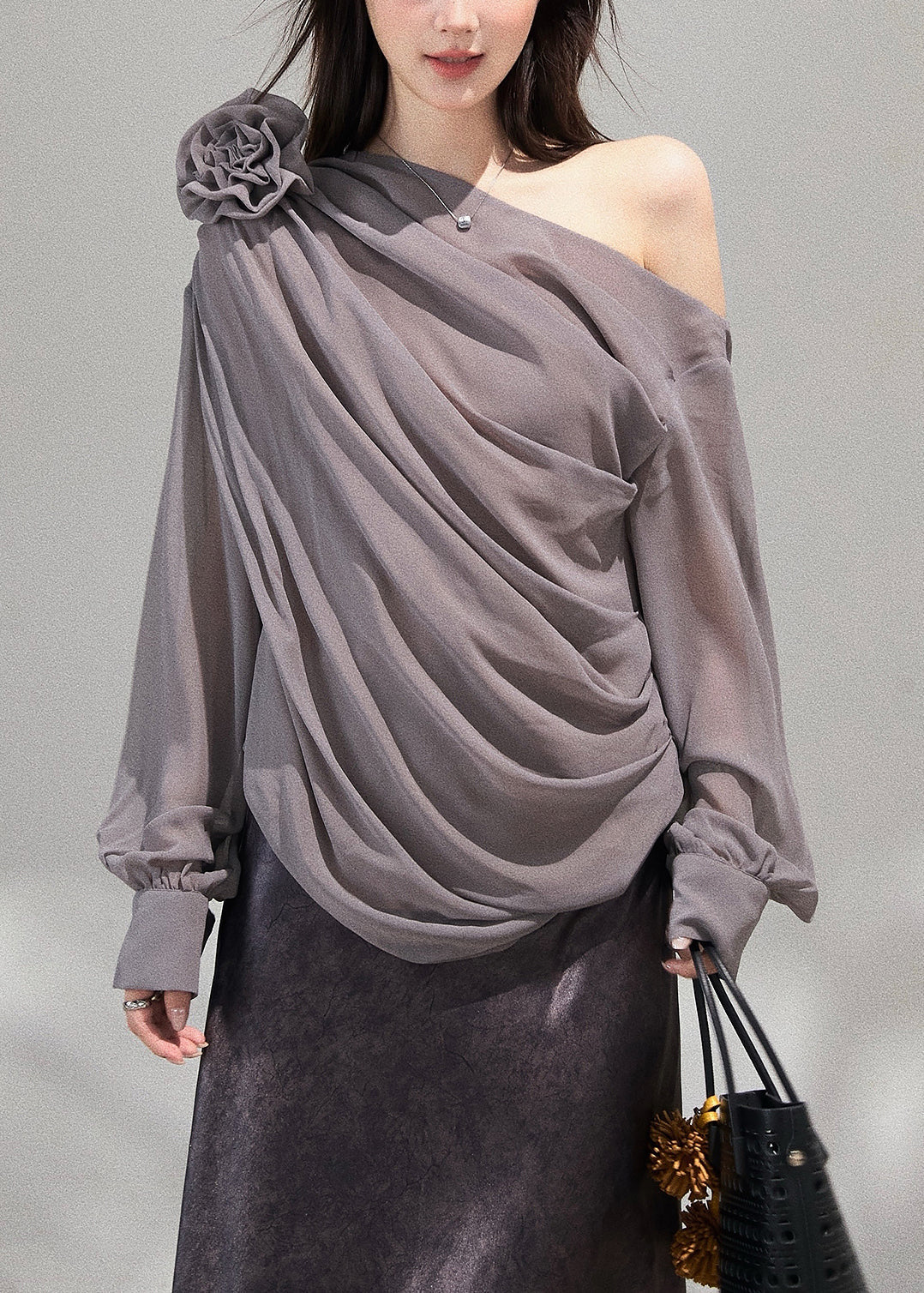 Handmade Grey Cold Shoulder Chiffon Top Fall