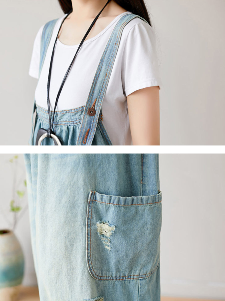 Summer Retro Frayed Washed Denim Jumpsuits