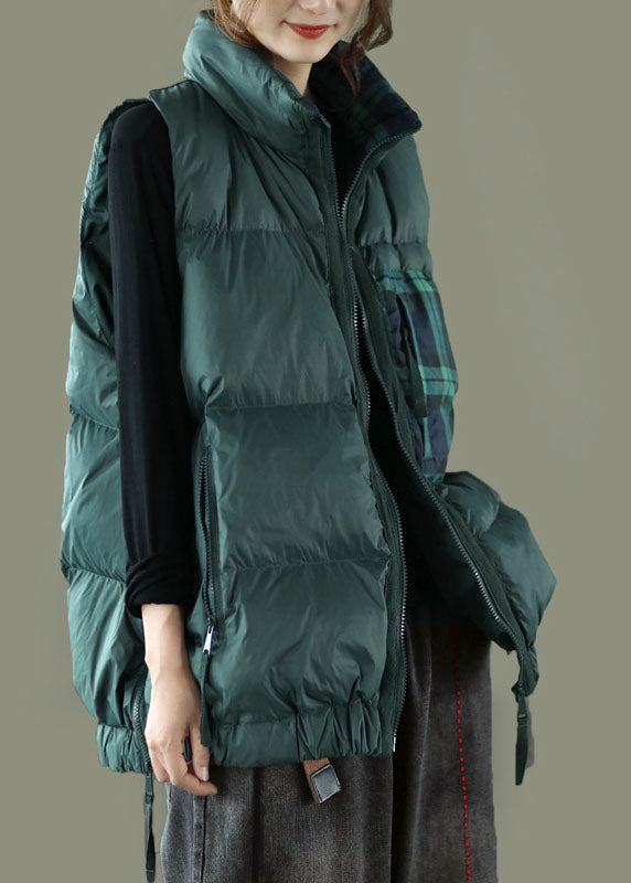 Organic Tea Green Stand Collar Zippered Thick Winter Tops Sleeveless Vest