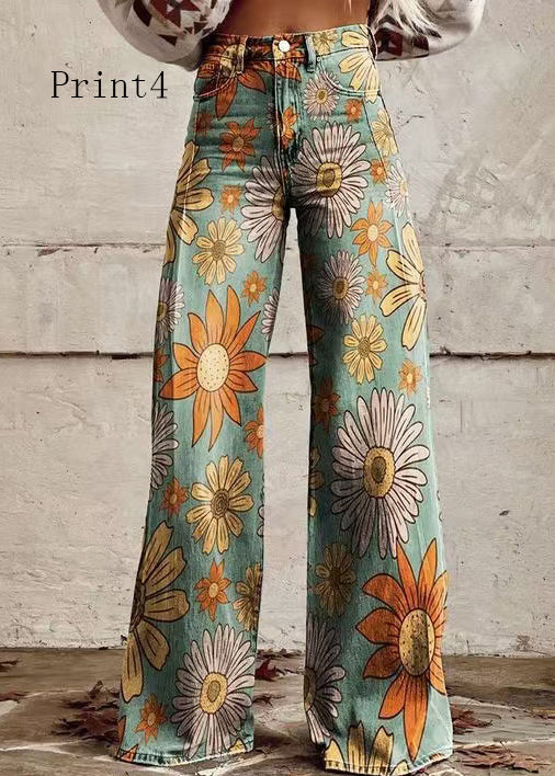 Loose Print High Waist Pockets Denim Pants Spring