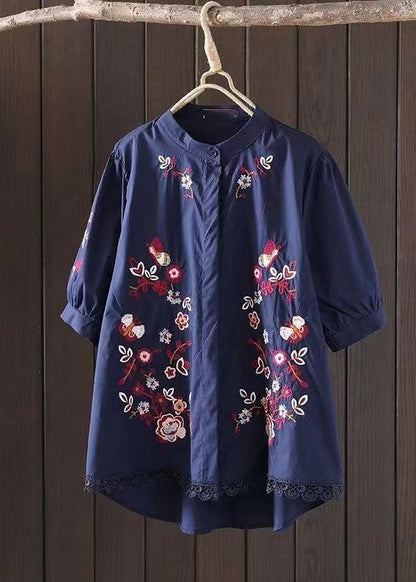 Navy Embroidered Low High Design Cotton Blouse Top Summer