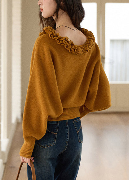 Yellowish Brown Ruffled Knit Sweaters Winter