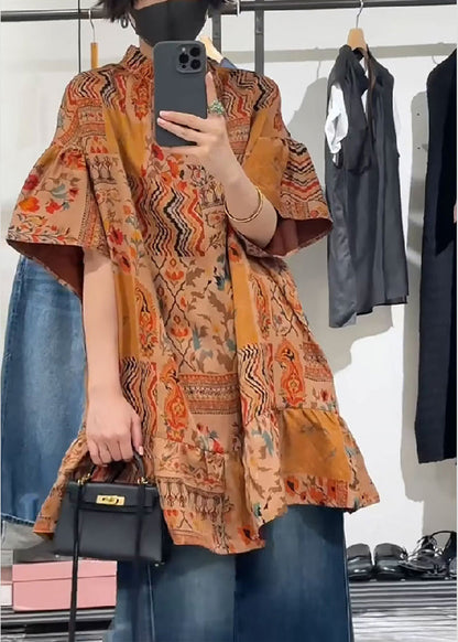 Orange Stand Collar Print Patchwork Silk Shirts Summer